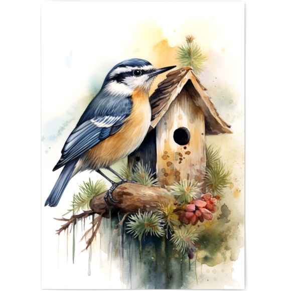 Red-breasted Nuthatch Bird Wall Art Watercolor Illustration Print Unframed - Picture 3 of 5